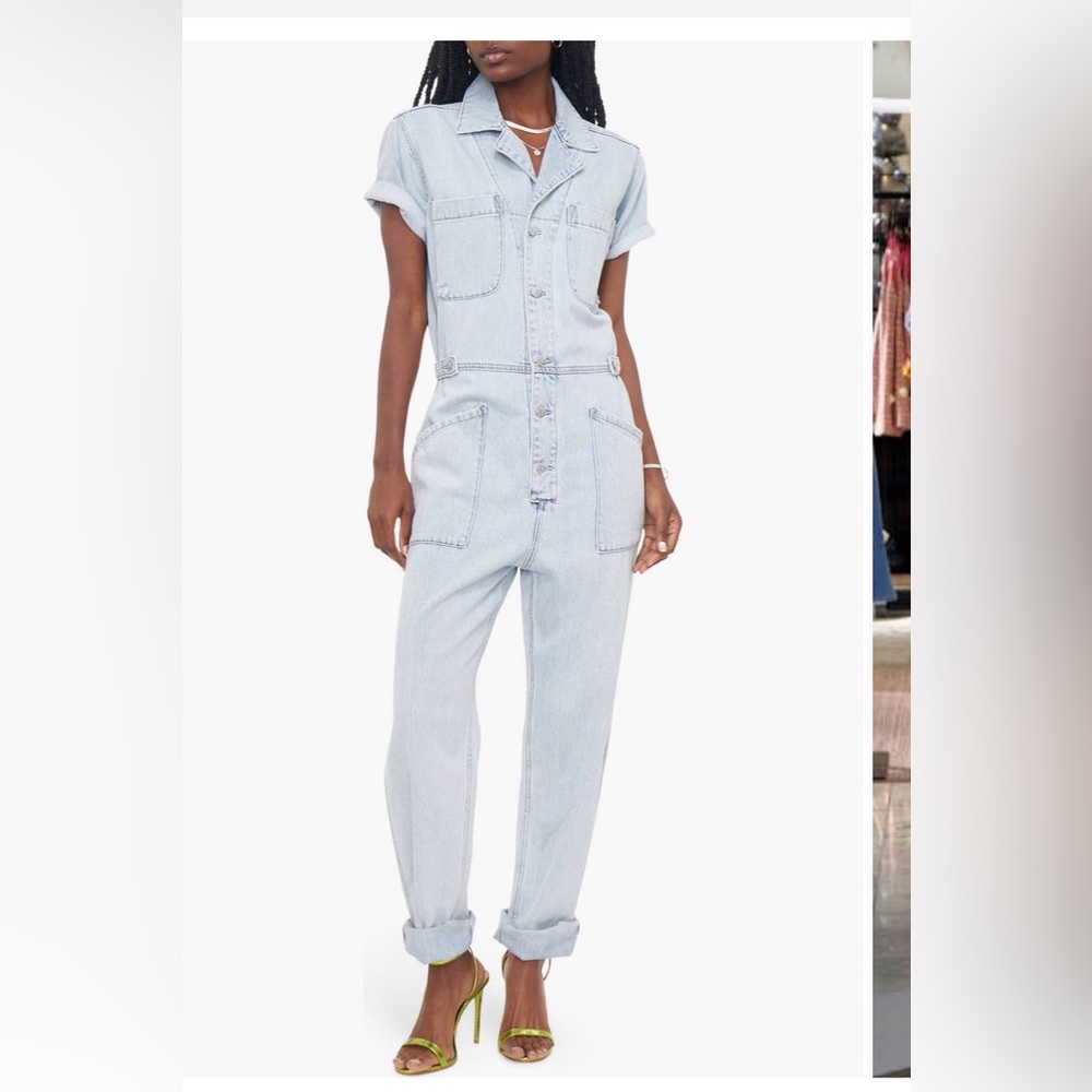 Pistola Grover Denim Jumpsuit Light Wash Utility Short Sleeve Romper M